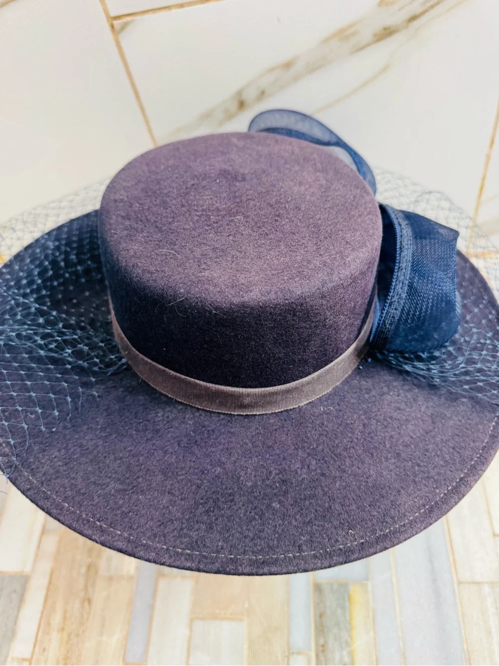Vintage Bollman Hat Co USA Navy Doeskin Felt Wide Brim Veil Hat Sz 7 Wool